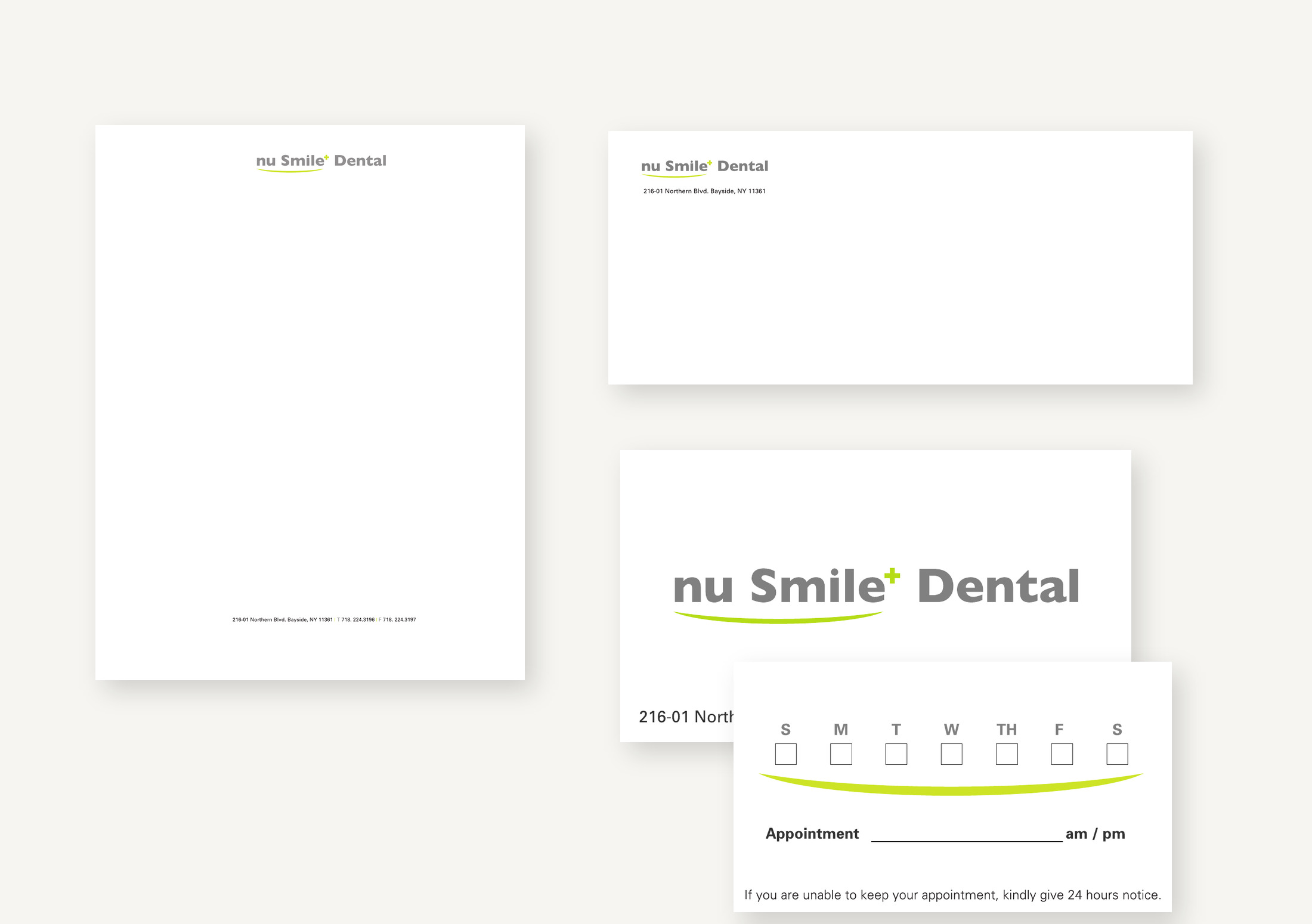 Nu Smile Dental logo stationery and appointment card system