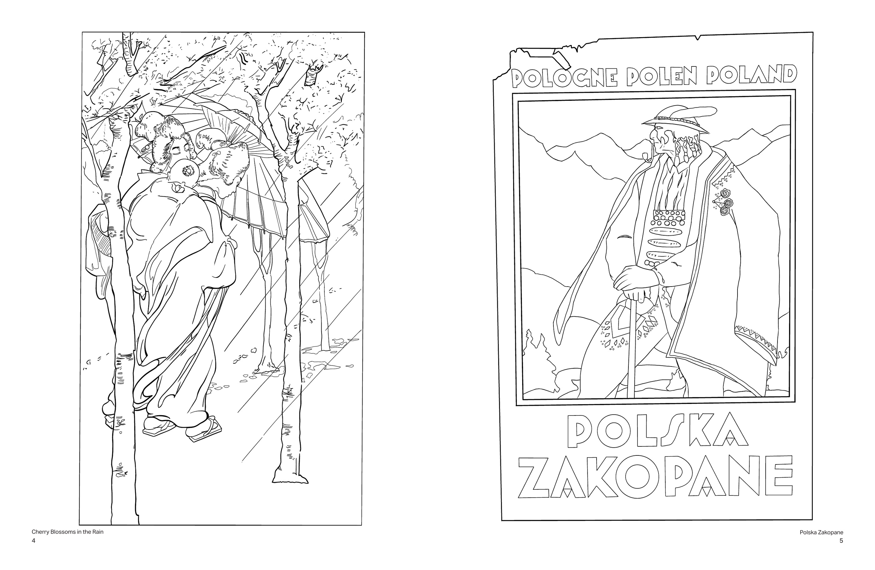 Coloring book interior spread with Cherry Blossoms in the Rain and Polska Zakopane