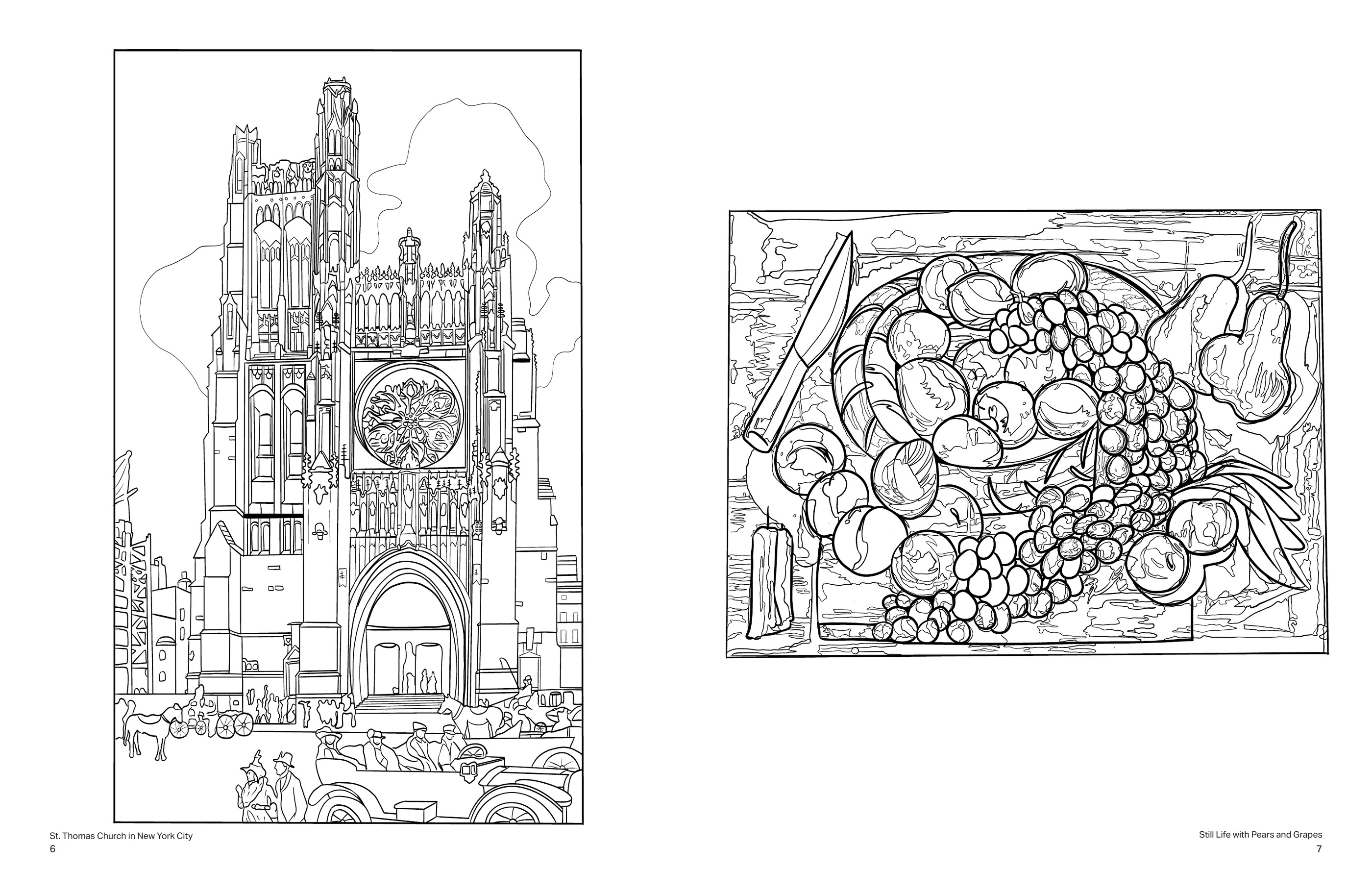 Coloring book interior spread with St Thomas Church and Still Life with Pears and Grapes