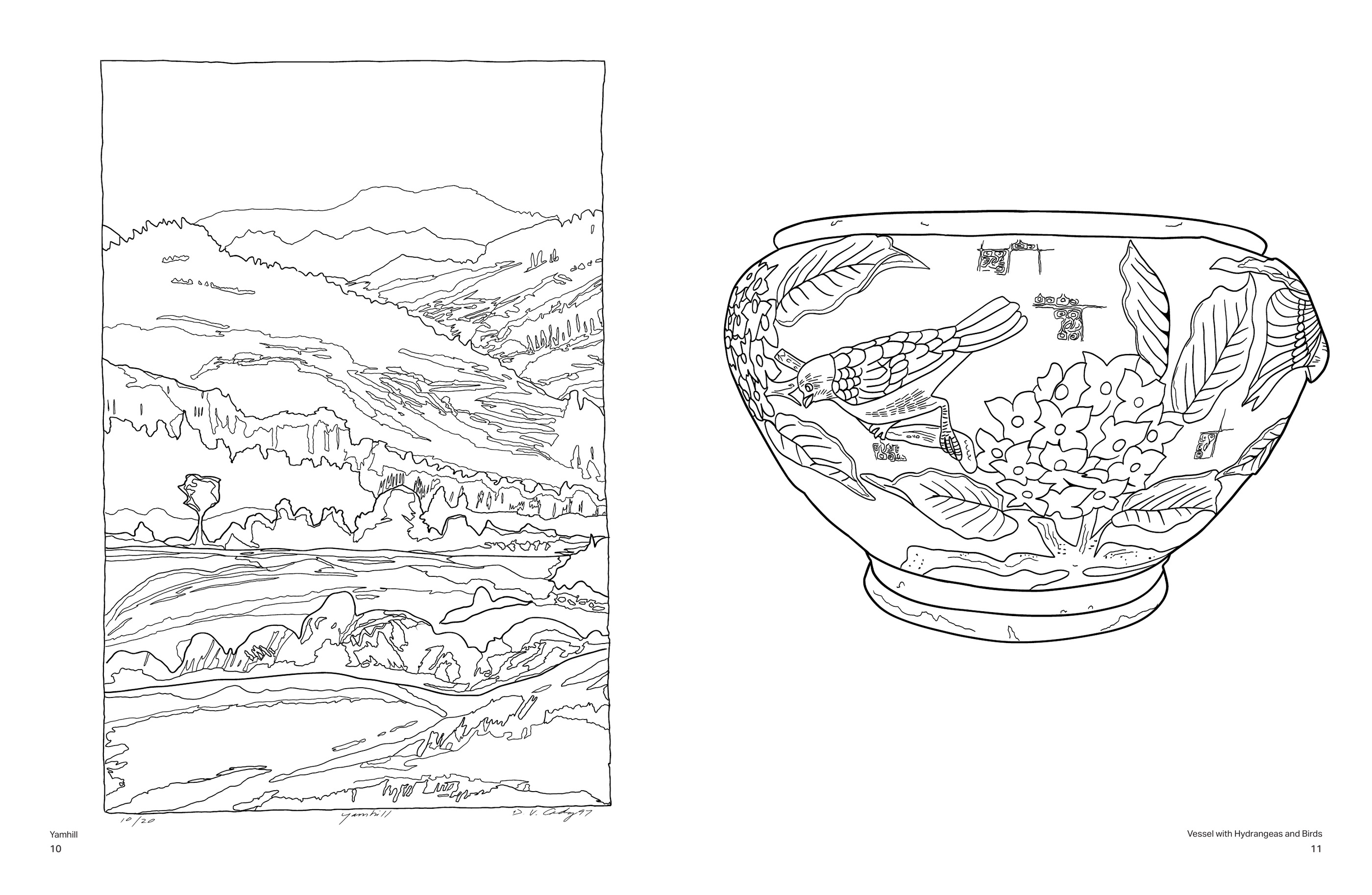 Coloring book interior spread with Yamhill and Vessel with Hydrangeas and Birds